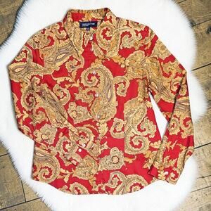 Cotton JONES NEW YORK Signature Scroll Print Red Gold Button Up Blouse Shirt M